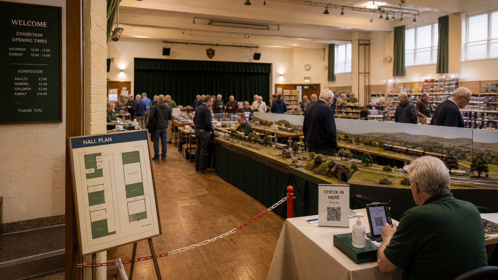 Visitors at a model railway exhibition with detailed layouts and a check-in desk